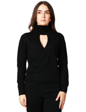 MAGLIA DONNA SEVENTY NERA DOLCEVITA CON COLLO ALTO INCROCIATO E SCOLLO A V