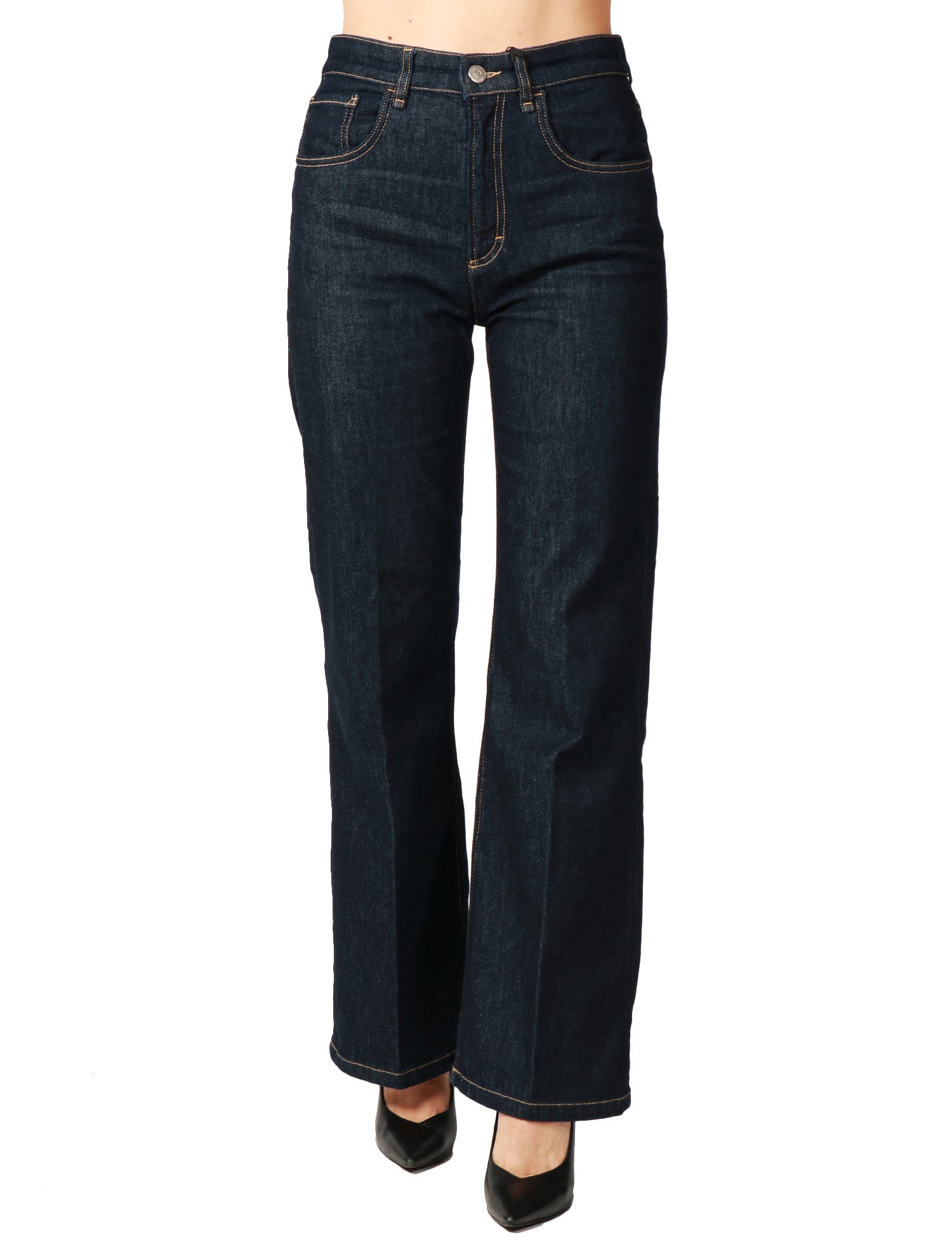 JEANS DONNA SEVENTY DENIM SCURO CON IMPUNTURE A CONTRASTO WIDE LEG IN MISTO CASHMERE