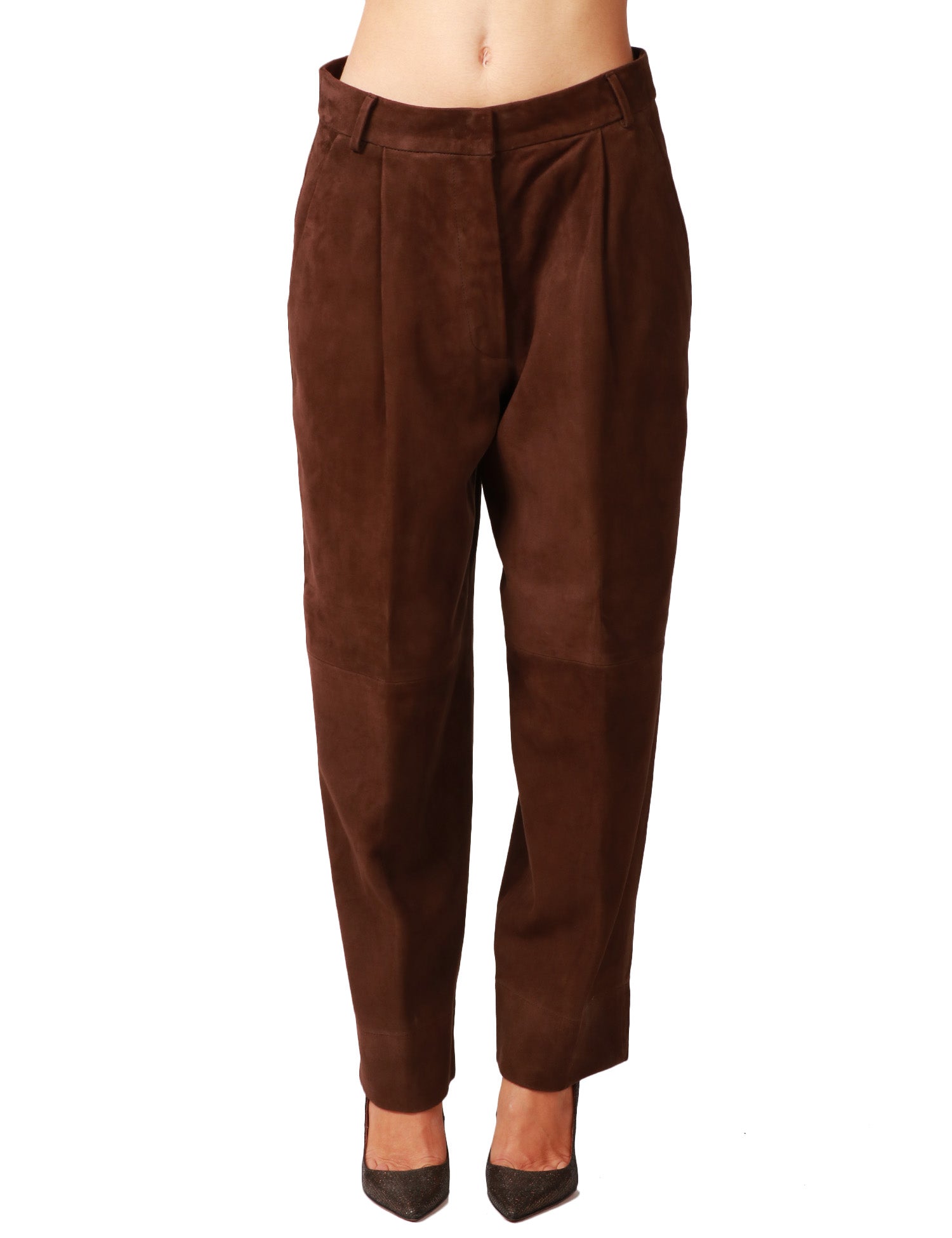PANTALONE DONNA SEVENTY MARRONE A VITA ALTA CON PENCES IN PELLE SCAMOSCIATA