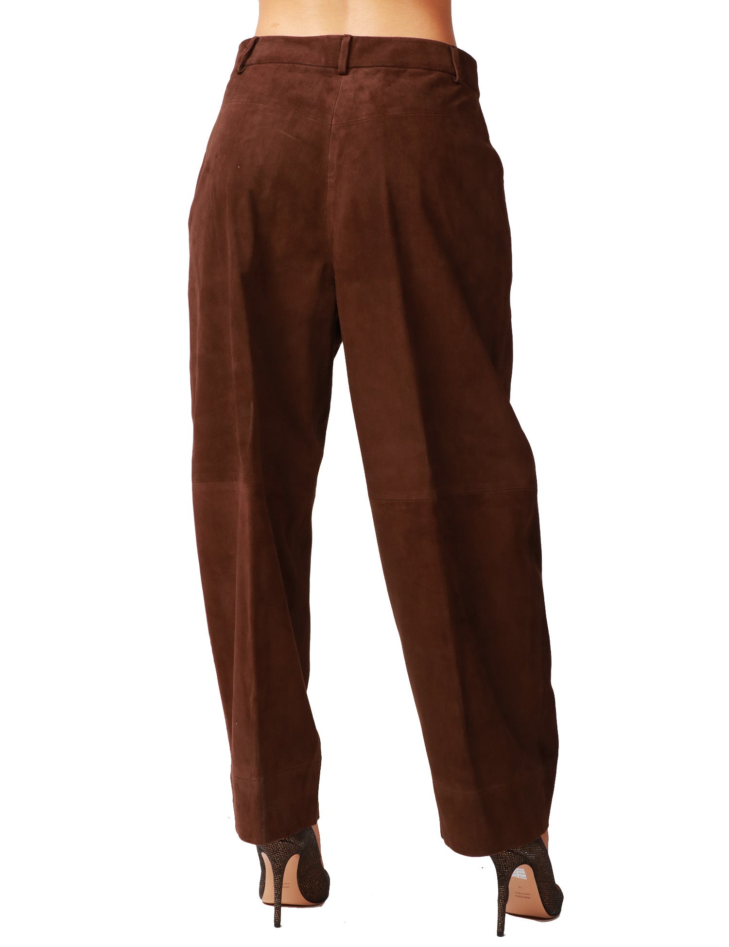 PANTALONE DONNA SEVENTY MARRONE A VITA ALTA CON PENCES IN PELLE SCAMOSCIATA