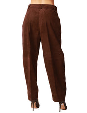 PANTALONE DONNA SEVENTY MARRONE A VITA ALTA CON PENCES IN PELLE SCAMOSCIATA