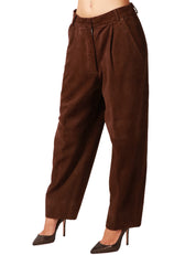 PANTALONE DONNA SEVENTY MARRONE A VITA ALTA CON PENCES IN PELLE SCAMOSCIATA