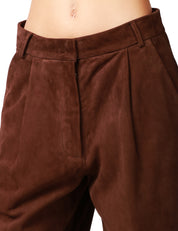 PANTALONE DONNA SEVENTY MARRONE A VITA ALTA CON PENCES IN PELLE SCAMOSCIATA