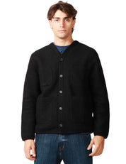 CARDIGAN UOMO UNIVERSAL WORKS WOOL FLECE NERO CON BOTTONI E QUATTRO TASCHE ANTERIORI