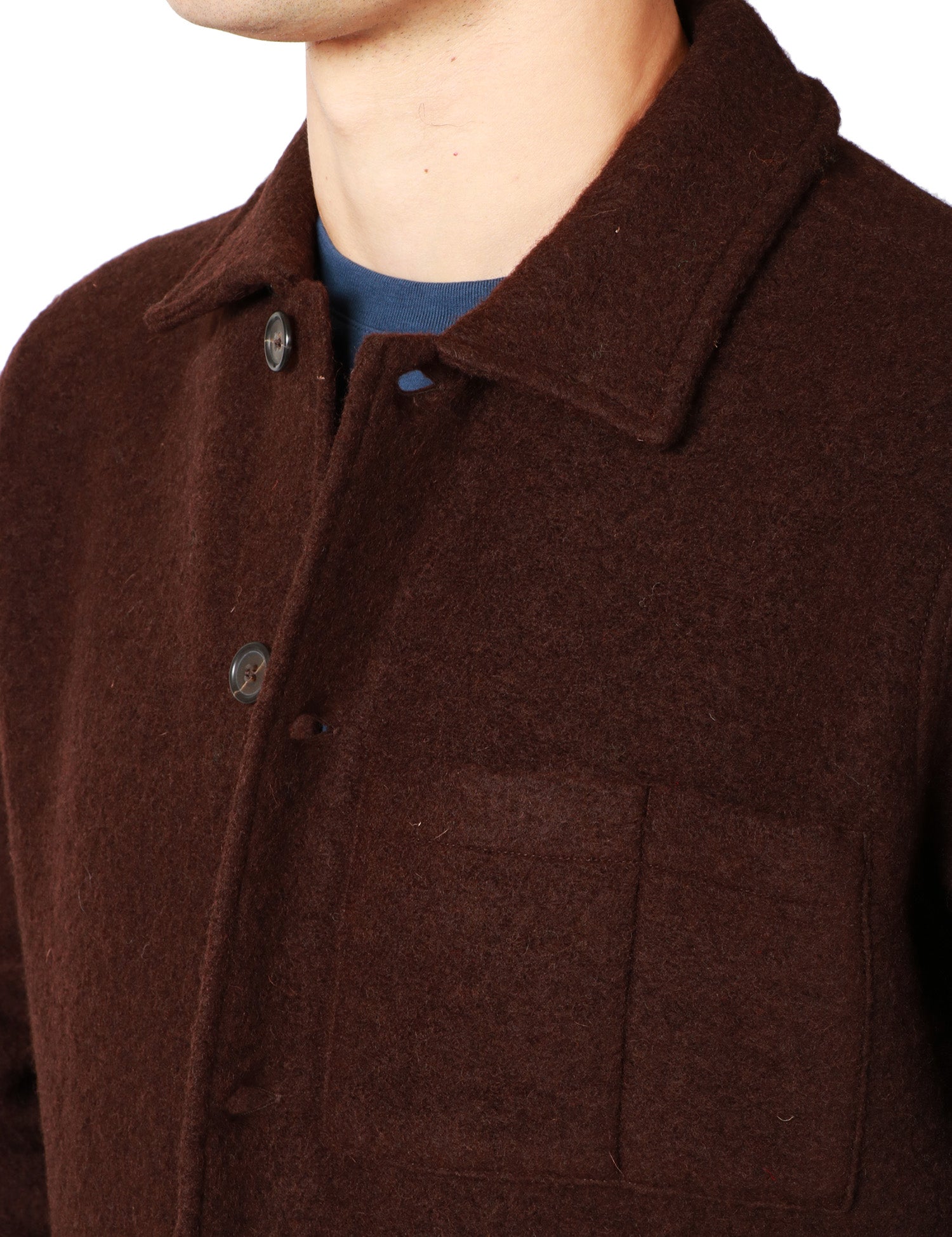 GIACCA UOMO UNIVERSAL WORKS BROWN IN LANA CON COLLETTO E BOTTONI