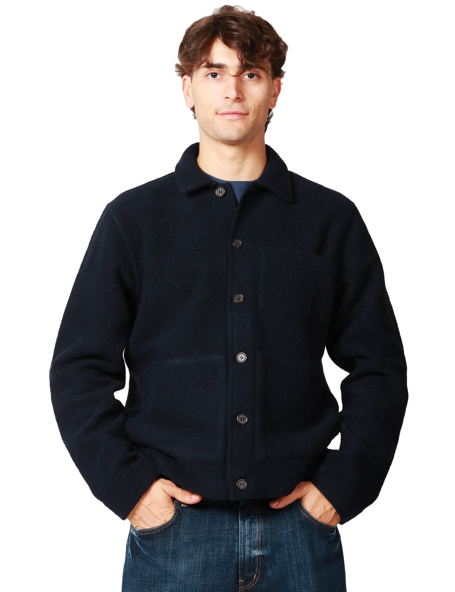 GIACCA UOMO UNIVERSAL WORKS BLU NAVY IN LANA CON COLLETTO E BOTTONI