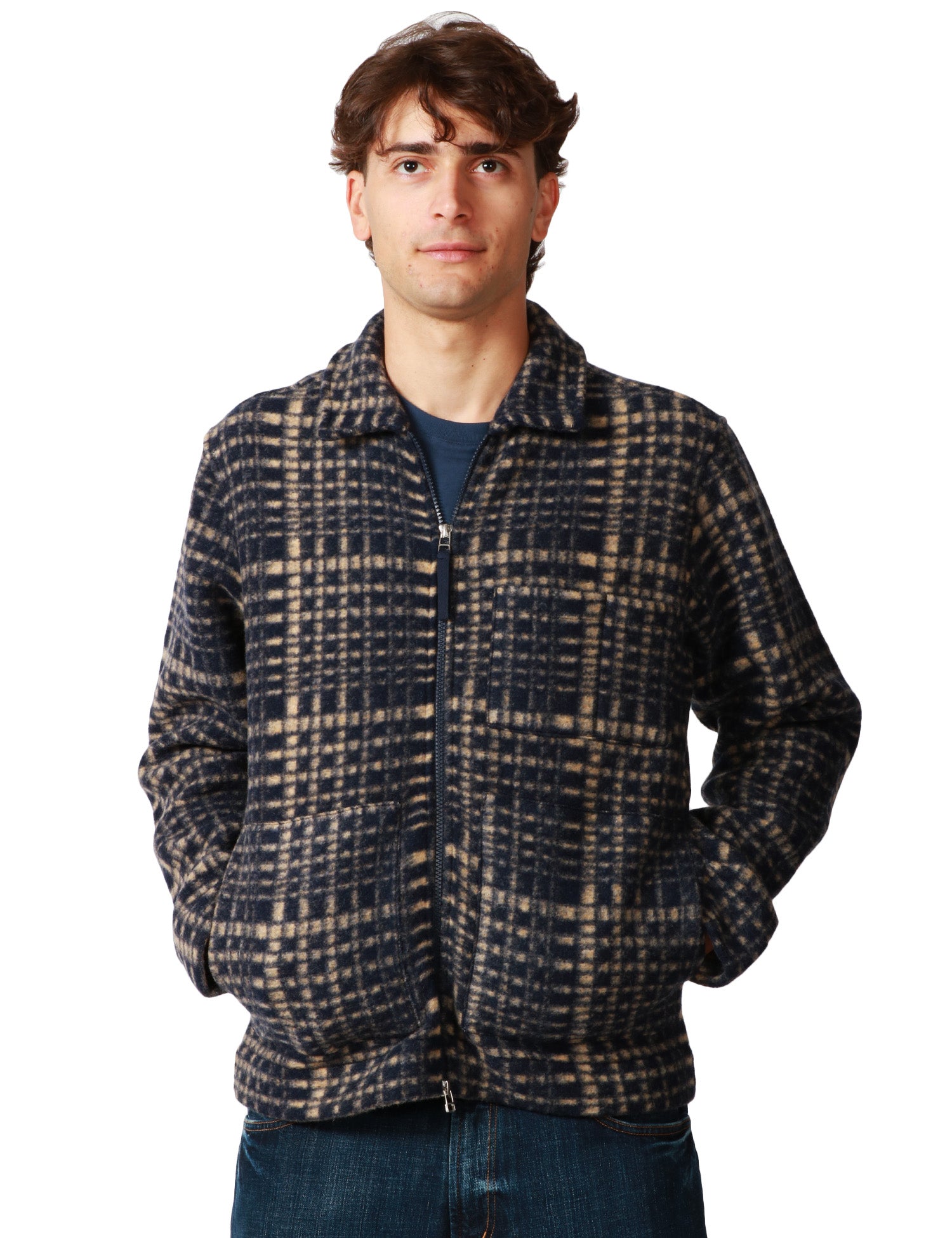 GIACCA UOMO UNIVERSAL WORKS BLU NAVY A QUADRI IN LANA CON COLLETTO E ZIP BIDIREZIONALE