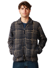 GIACCA UOMO UNIVERSAL WORKS BLU NAVY A QUADRI IN LANA CON COLLETTO E ZIP BIDIREZIONALE