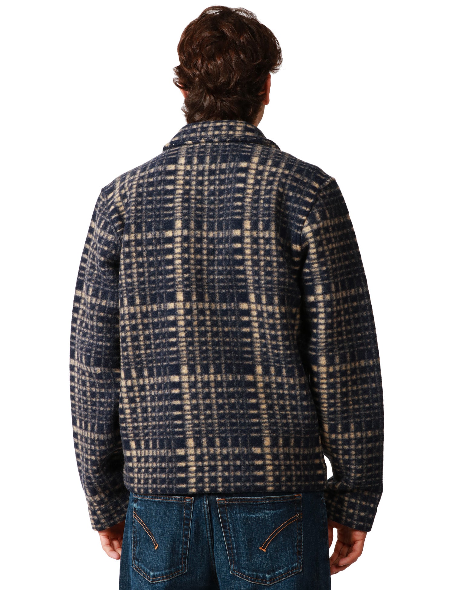 GIACCA UOMO UNIVERSAL WORKS BLU NAVY A QUADRI IN LANA CON COLLETTO E ZIP BIDIREZIONALE