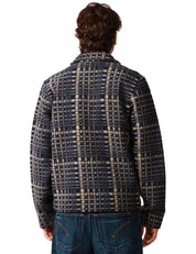 GIACCA UOMO UNIVERSAL WORKS BLU NAVY A QUADRI IN LANA CON COLLETTO E ZIP BIDIREZIONALE