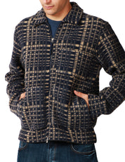 GIACCA UOMO UNIVERSAL WORKS BLU NAVY A QUADRI IN LANA CON COLLETTO E ZIP BIDIREZIONALE