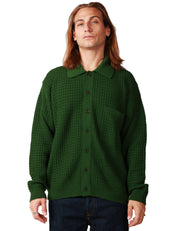 CARDIGAN UOMO UNIVERSAL WORKS VERDE IN MISTO LANA MERINOS CON COLLETTO E BOTTONI