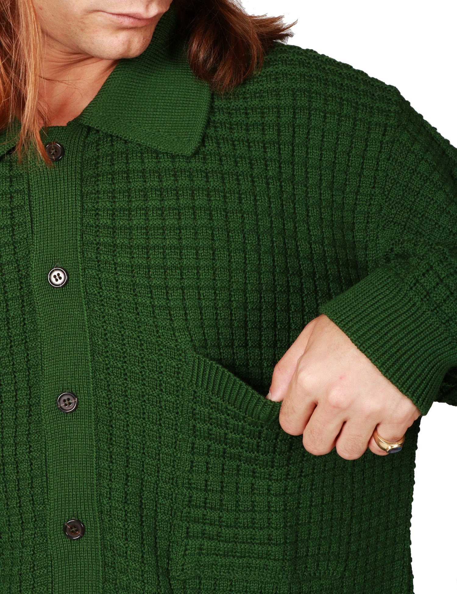 CARDIGAN UOMO UNIVERSAL WORKS VERDE IN MISTO LANA MERINOS CON COLLETTO E BOTTONI