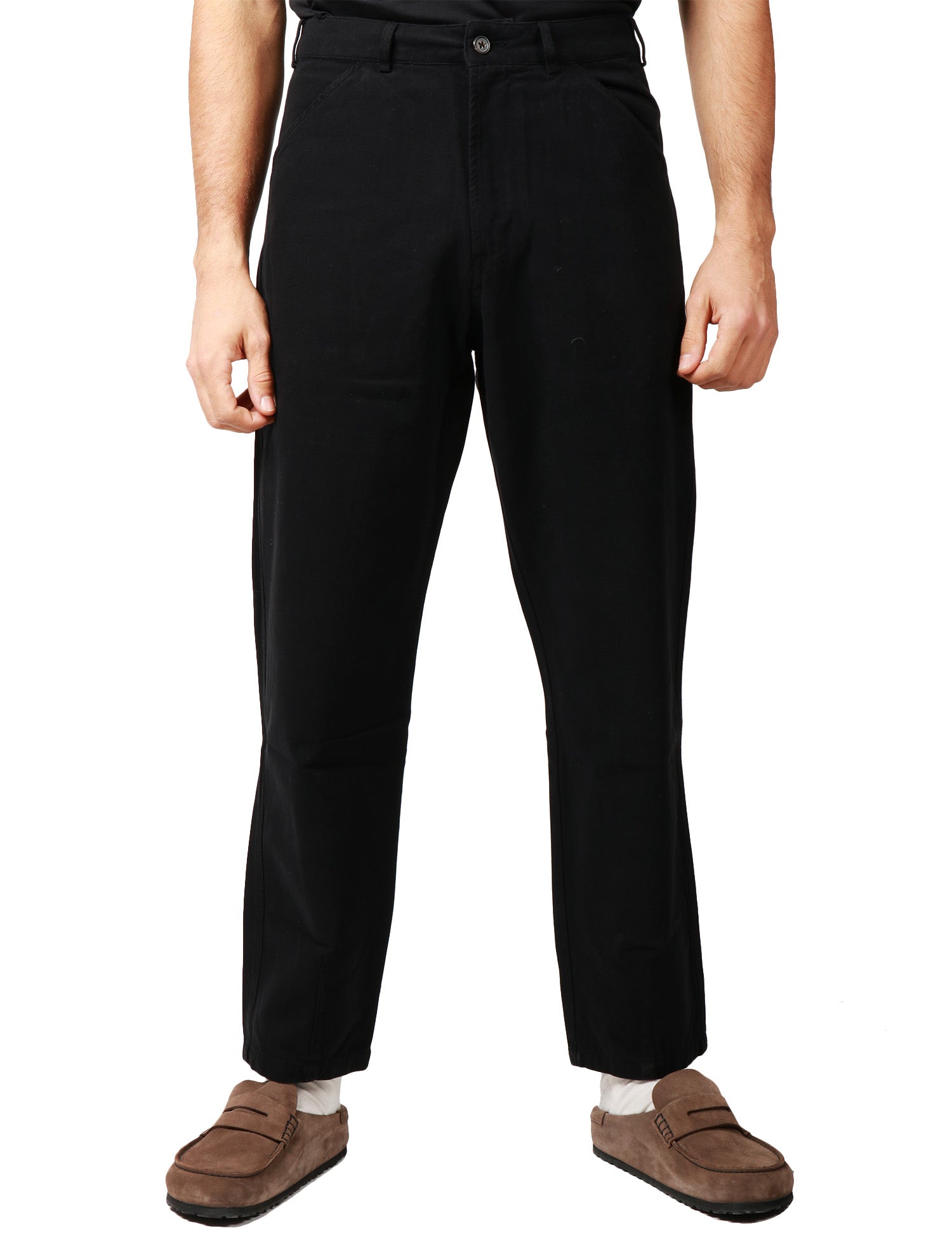 PANTALONE UOMO UNIVERSAL WORKS NERO IN CANVAS A GAMBA DRITTA