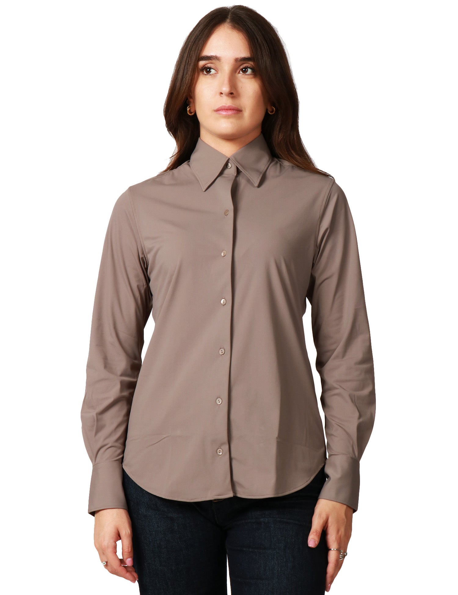 CAMICIA DONNA XACUS PERLA FANGO IN TESSUTO ACTIVE CON BOTTONI IN TONO