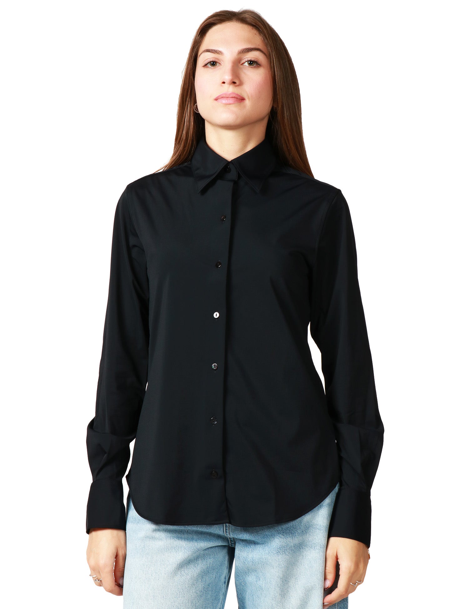 CAMICIA DONNA XACUS PERLA NERA IN TESSUTO ACTIVE CON BOTTONI IN TONO