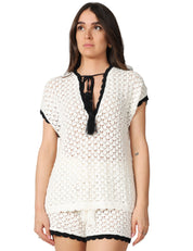 TOP DONNA AKEP BIANCO/NERO SMANICATA CON SMERLO A CONTRASTO E LACCI SUL DAVANTI