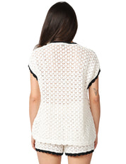 TOP DONNA AKEP BIANCO/NERO SMANICATA CON SMERLO A CONTRASTO E LACCI SUL DAVANTI
