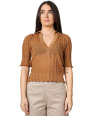 MAGLIA POLO DONNA AKEP CAMMELLO LUREX CON MANICA 3/4 E SCOLLO A V