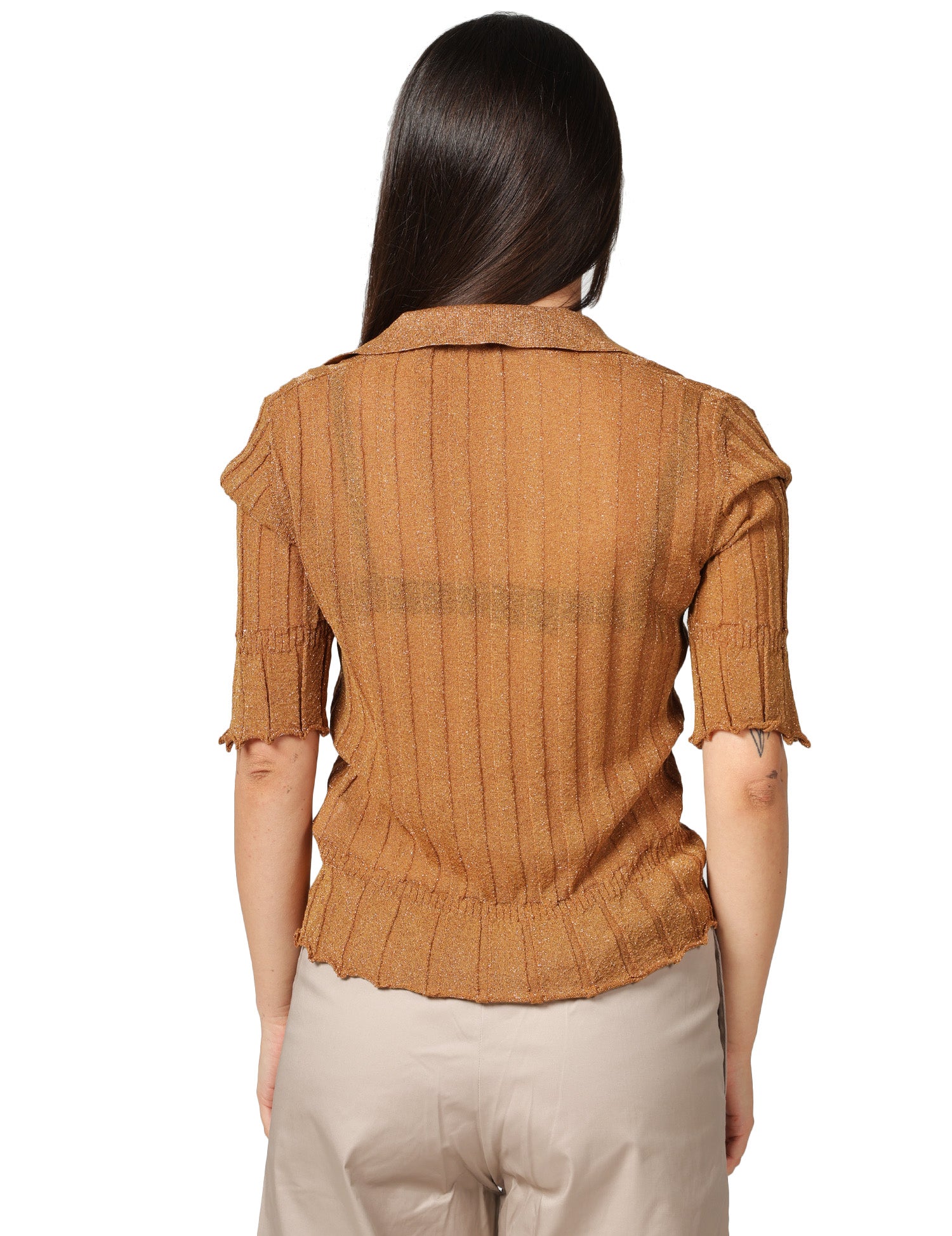 MAGLIA POLO DONNA AKEP CAMMELLO LUREX CON MANICA 3/4 E SCOLLO A V