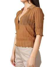 MAGLIA POLO DONNA AKEP CAMMELLO LUREX CON MANICA 3/4 E SCOLLO A V