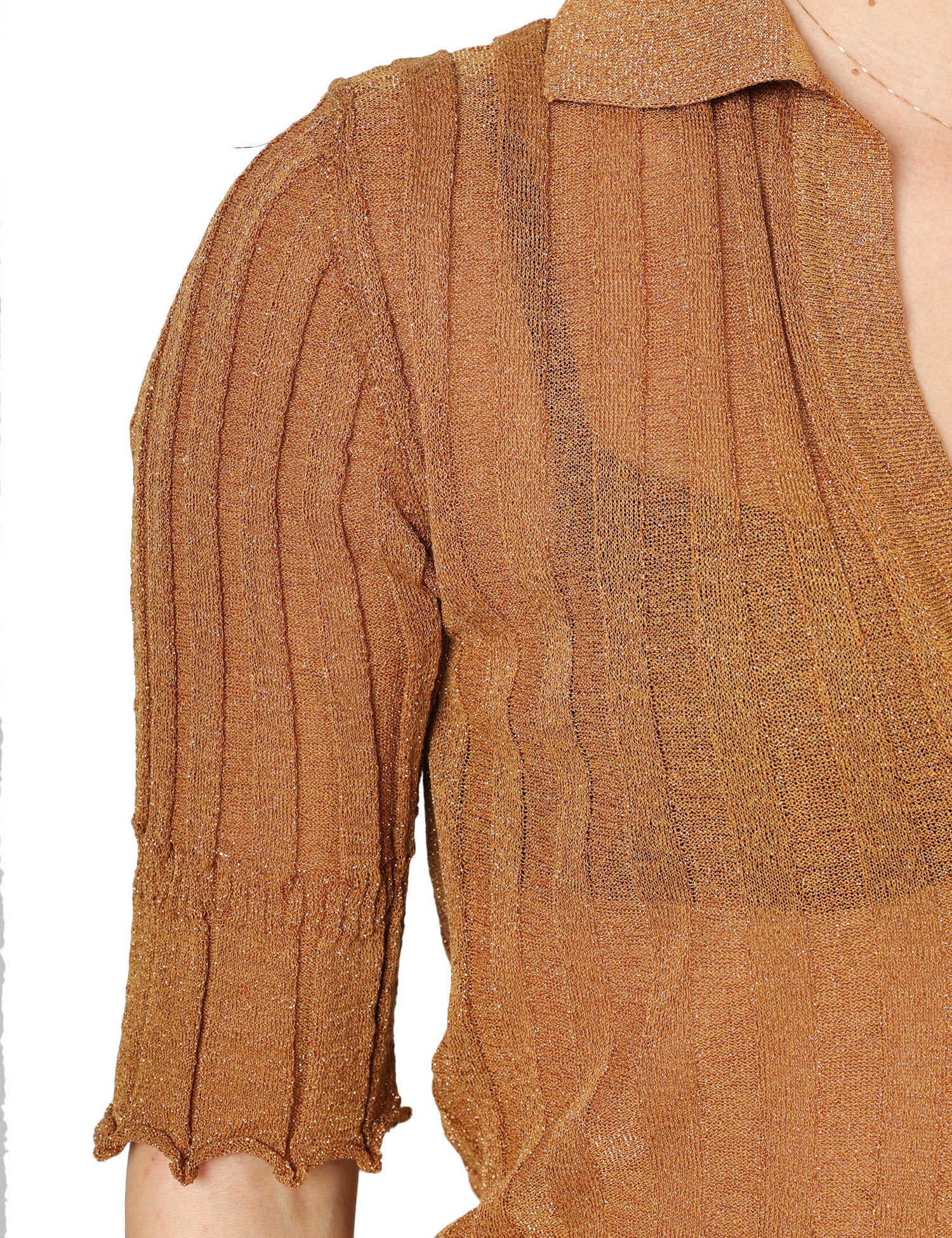 MAGLIA POLO DONNA AKEP CAMMELLO LUREX CON MANICA 3/4 E SCOLLO A V