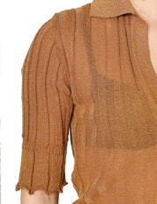 MAGLIA POLO DONNA AKEP CAMMELLO LUREX CON MANICA 3/4 E SCOLLO A V