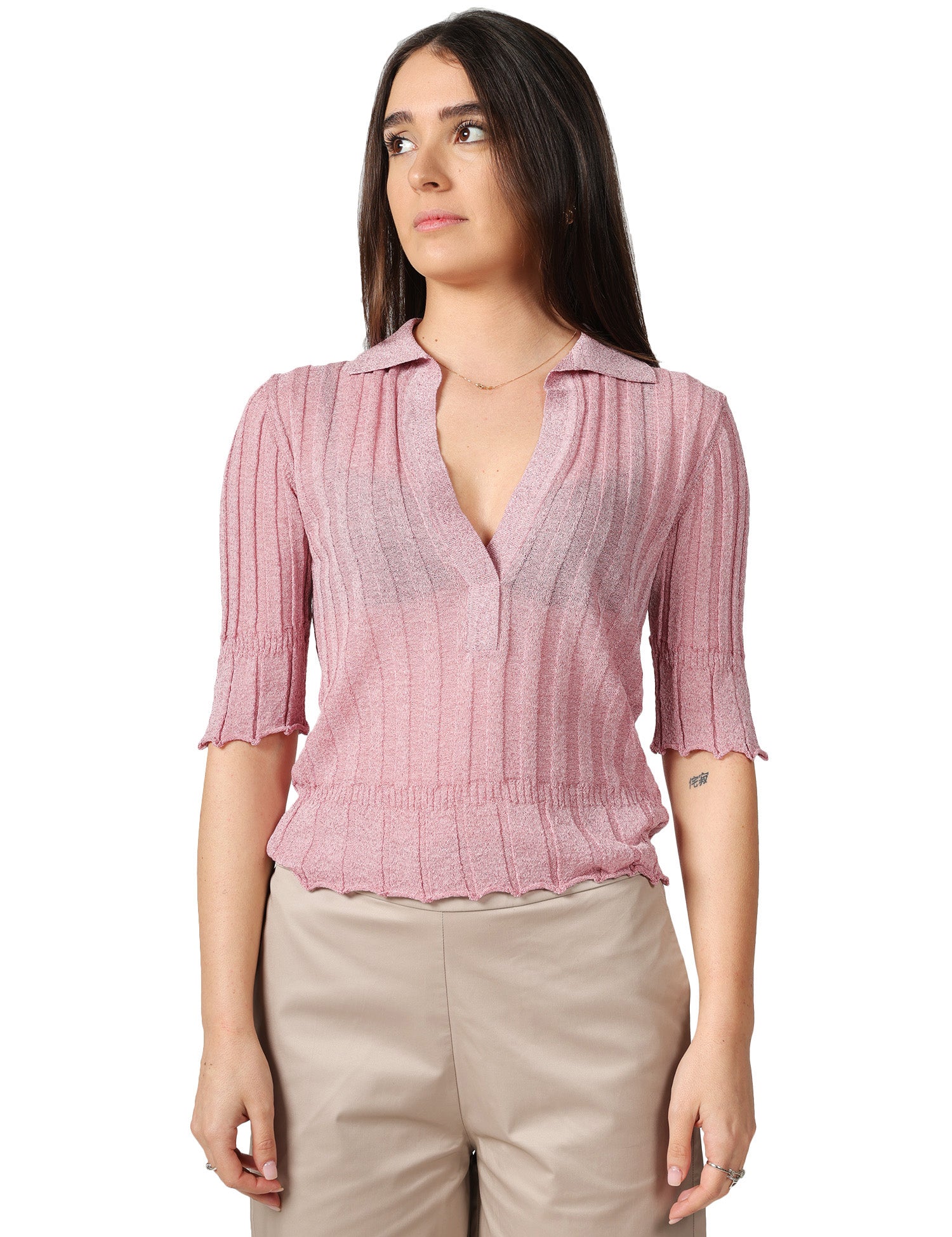 MAGLIA POLO AKEP ROSA LUREX CON MANICA 3/4 E SCOLLO A V