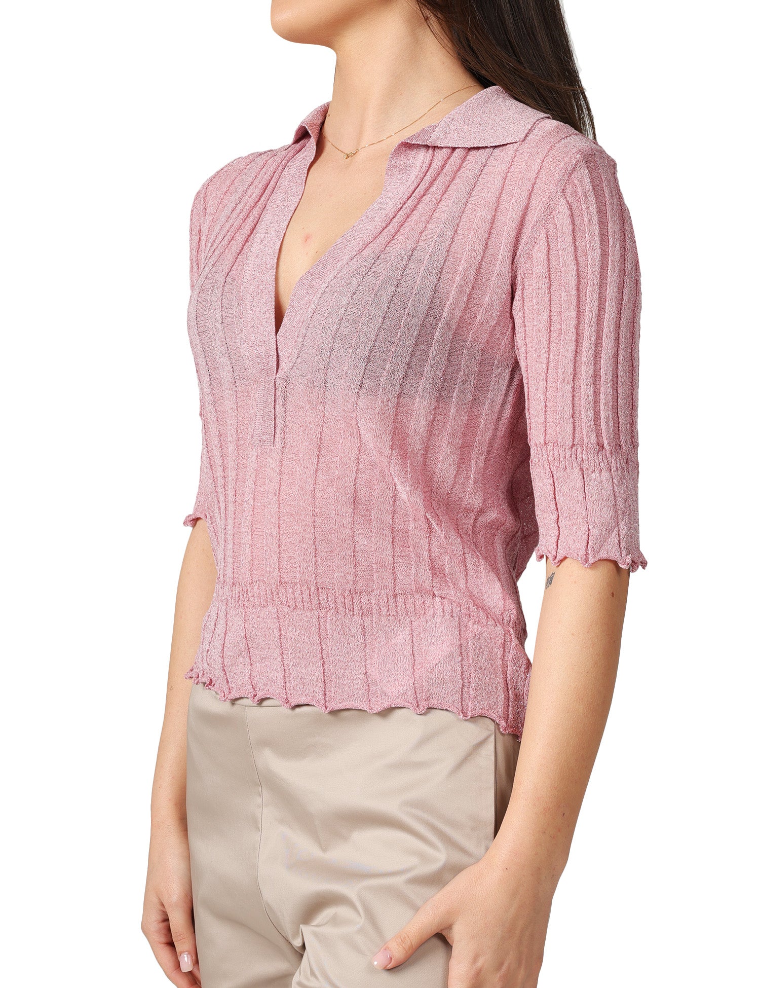 MAGLIA POLO AKEP ROSA LUREX CON MANICA 3/4 E SCOLLO A V