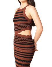 ABITO LUNGO AKEP MARRONE/NERO A RIGHE IN VISCOSA CON CUT-OUT SULLA VITA