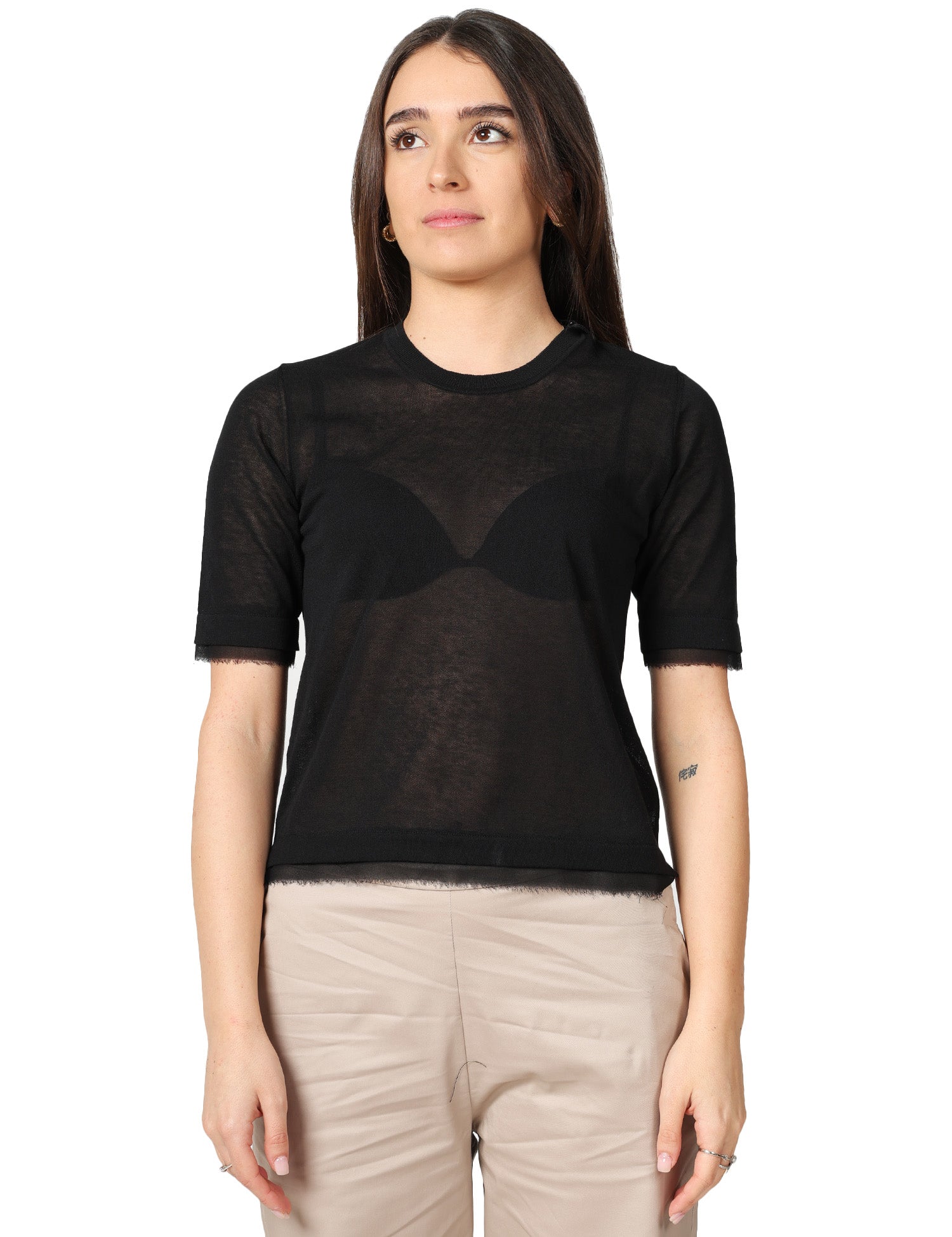 MAGLIA DONNA ALPHA STUDIO NERA GIROCOLLO IN VOILE DI COTONE CON PROFILI IN CHIFFON TAGLIO VIVO