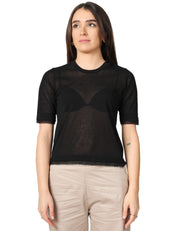 MAGLIA DONNA ALPHA STUDIO NERA GIROCOLLO IN VOILE DI COTONE CON PROFILI IN CHIFFON TAGLIO VIVO