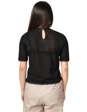 MAGLIA DONNA ALPHA STUDIO NERA GIROCOLLO IN VOILE DI COTONE CON PROFILI IN CHIFFON TAGLIO VIVO