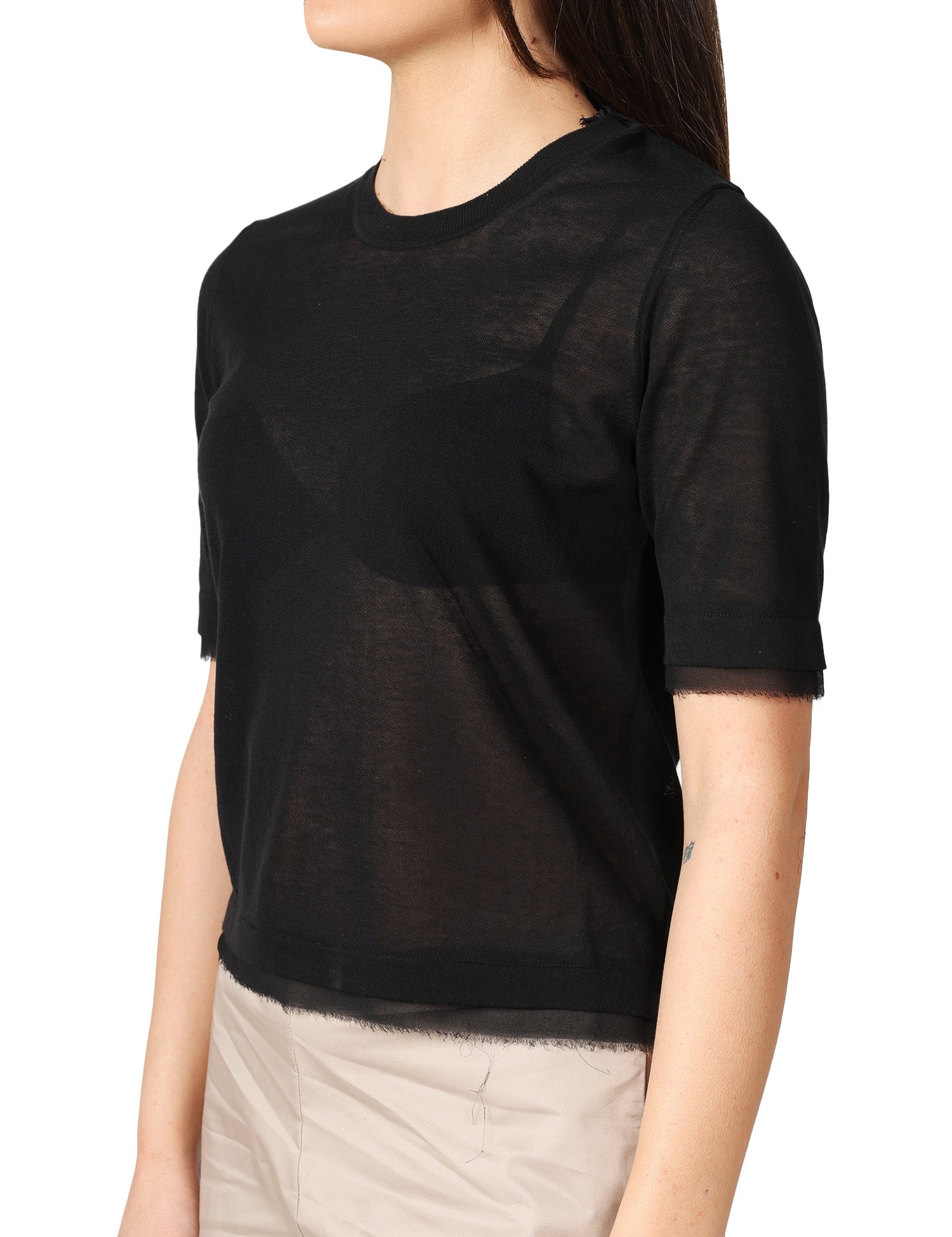 MAGLIA DONNA ALPHA STUDIO NERA GIROCOLLO IN VOILE DI COTONE CON PROFILI IN CHIFFON TAGLIO VIVO