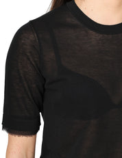 MAGLIA DONNA ALPHA STUDIO NERA GIROCOLLO IN VOILE DI COTONE CON PROFILI IN CHIFFON TAGLIO VIVO