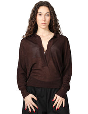POLO DONNA ALPHA STUDIO CIOCCOLATO A MANICA LUNGA IN VISCOSA LUREX CON SCOLLO A V