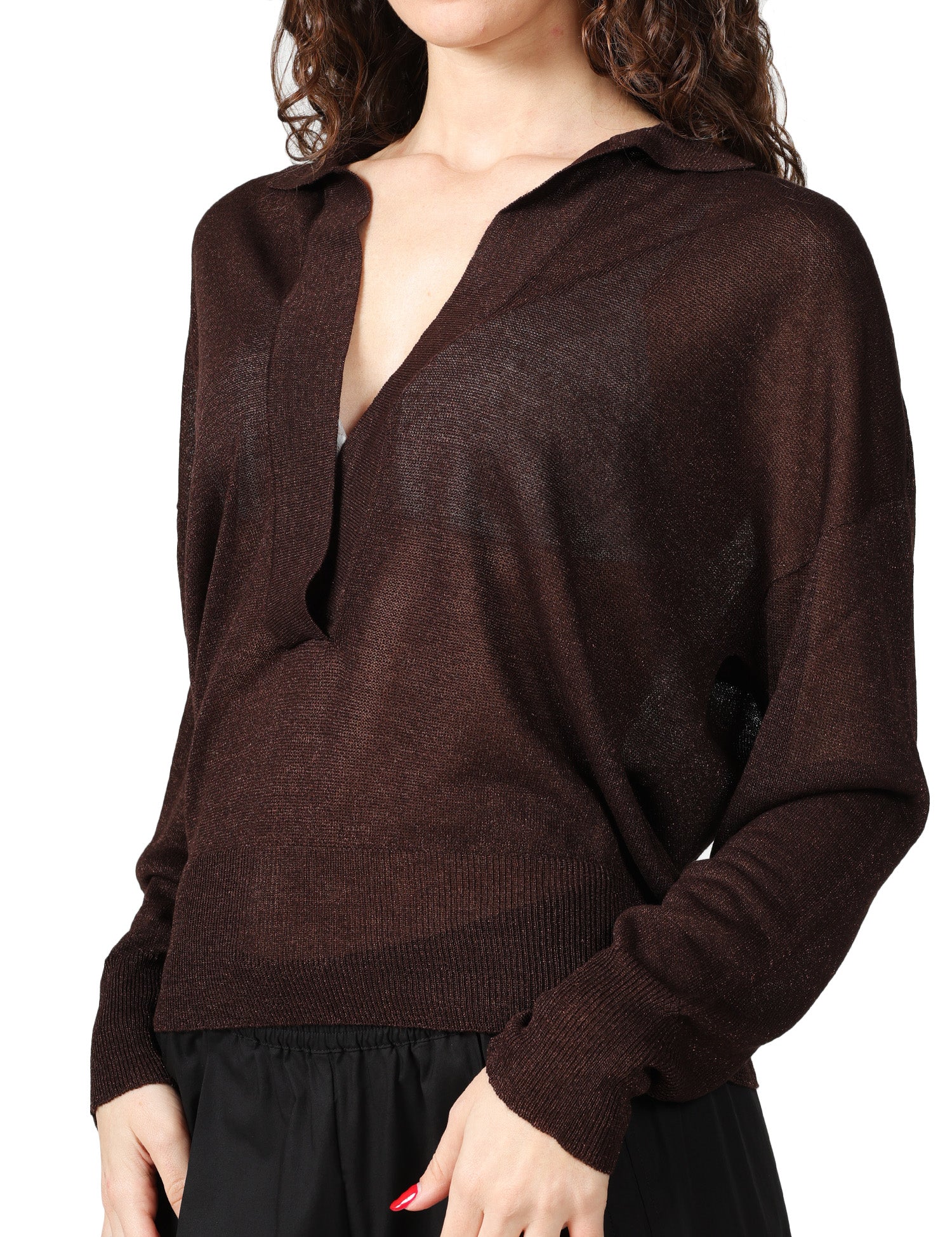 POLO DONNA ALPHA STUDIO CIOCCOLATO A MANICA LUNGA IN VISCOSA LUREX CON SCOLLO A V