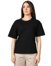 T-SHIRT DONNA ALPHA STUDIO NERA IN VOILE DI COTONE CON PROFILI IN CHIFFON TAGLIO VIVO