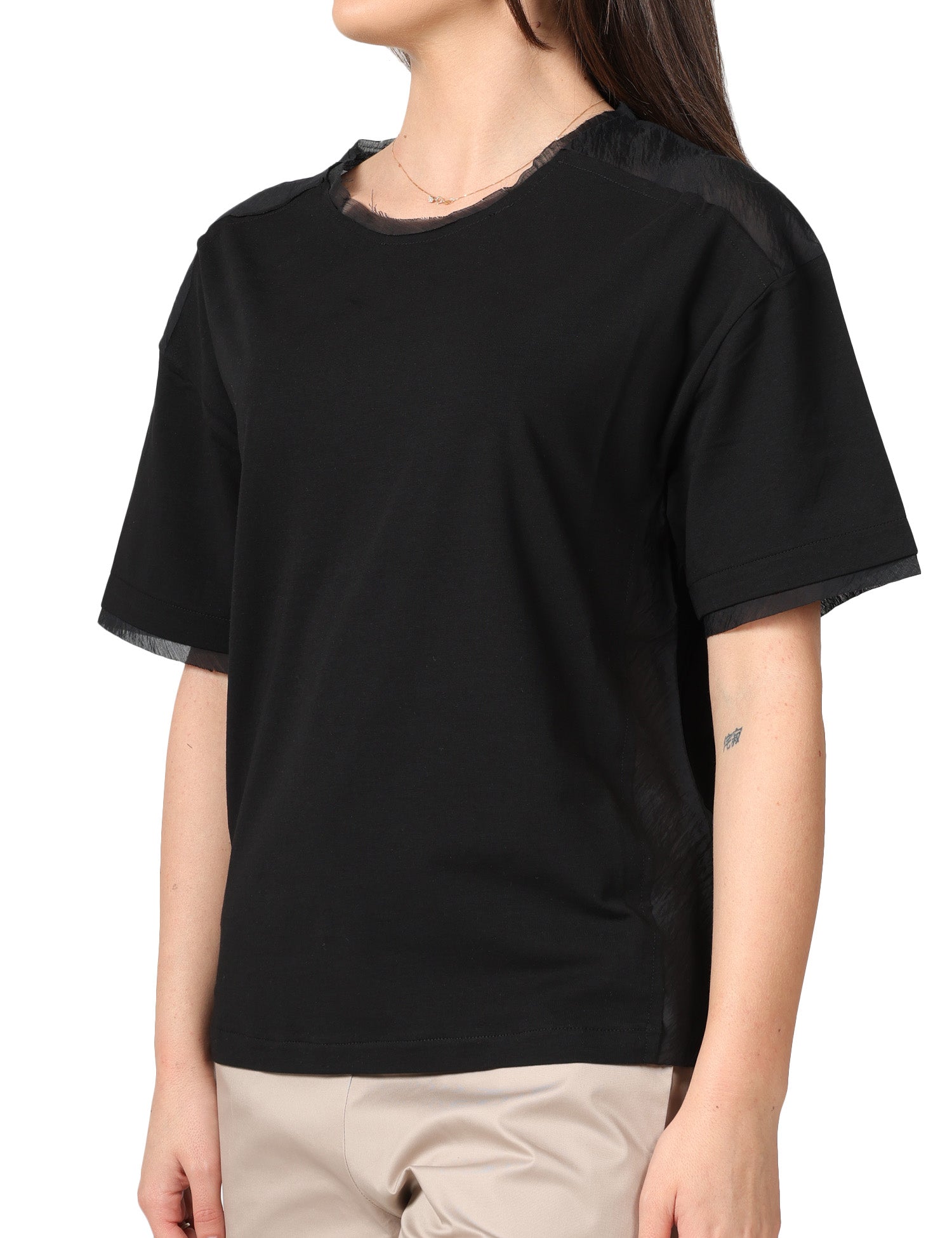 T-SHIRT DONNA ALPHA STUDIO NERA IN VOILE DI COTONE CON PROFILI IN CHIFFON TAGLIO VIVO