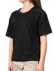 T-SHIRT DONNA ALPHA STUDIO NERA IN VOILE DI COTONE CON PROFILI IN CHIFFON TAGLIO VIVO