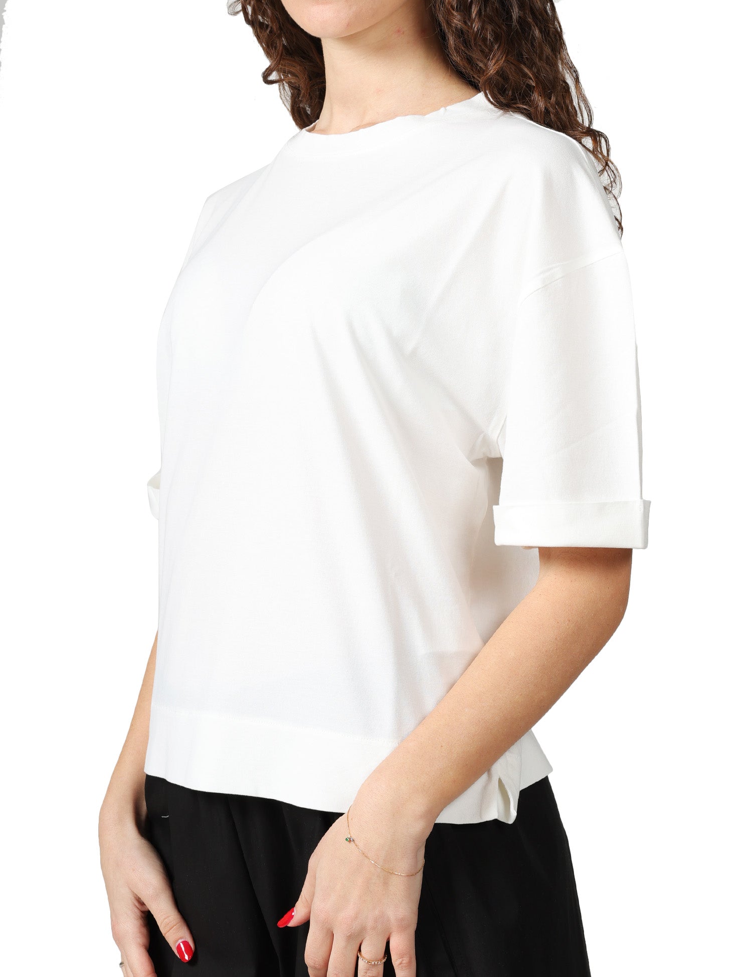 MAGLIA DONNA ALPHA STUDIO BIANCA GIROCOLLO IN ICE COTTON CON RISVOLTINO SULLA MANICA