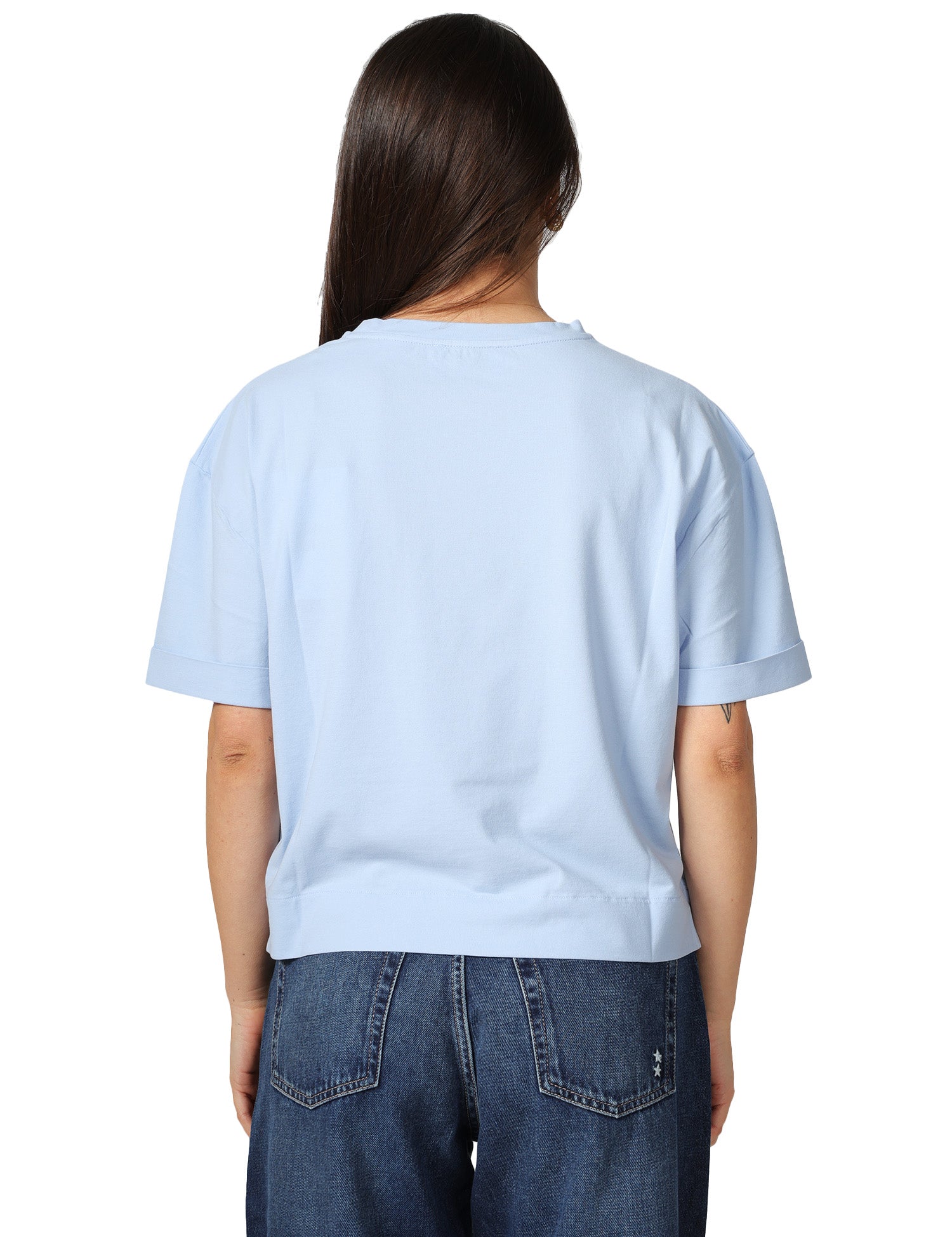MAGLIA DONNA ALPHA STUDIO CELESTE GIROCOLLO IN ICE COTTON CON RISVOLTINO SULLA MANICA