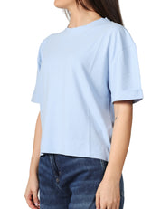 MAGLIA DONNA ALPHA STUDIO CELESTE GIROCOLLO IN ICE COTTON CON RISVOLTINO SULLA MANICA