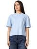Maglia donna alpha studio celeste girocollo in ice cotton con risvoltino sulla manica