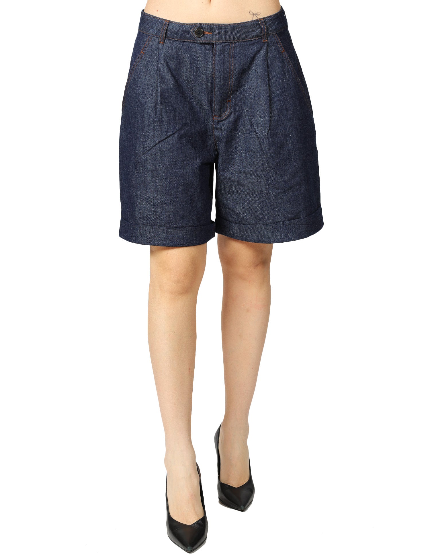 SHORTS DONNA ALPHA STUDIO BLU IN COTONE CHAMBRAY CON PINCES E IMPUNTURE A CONTRASTO