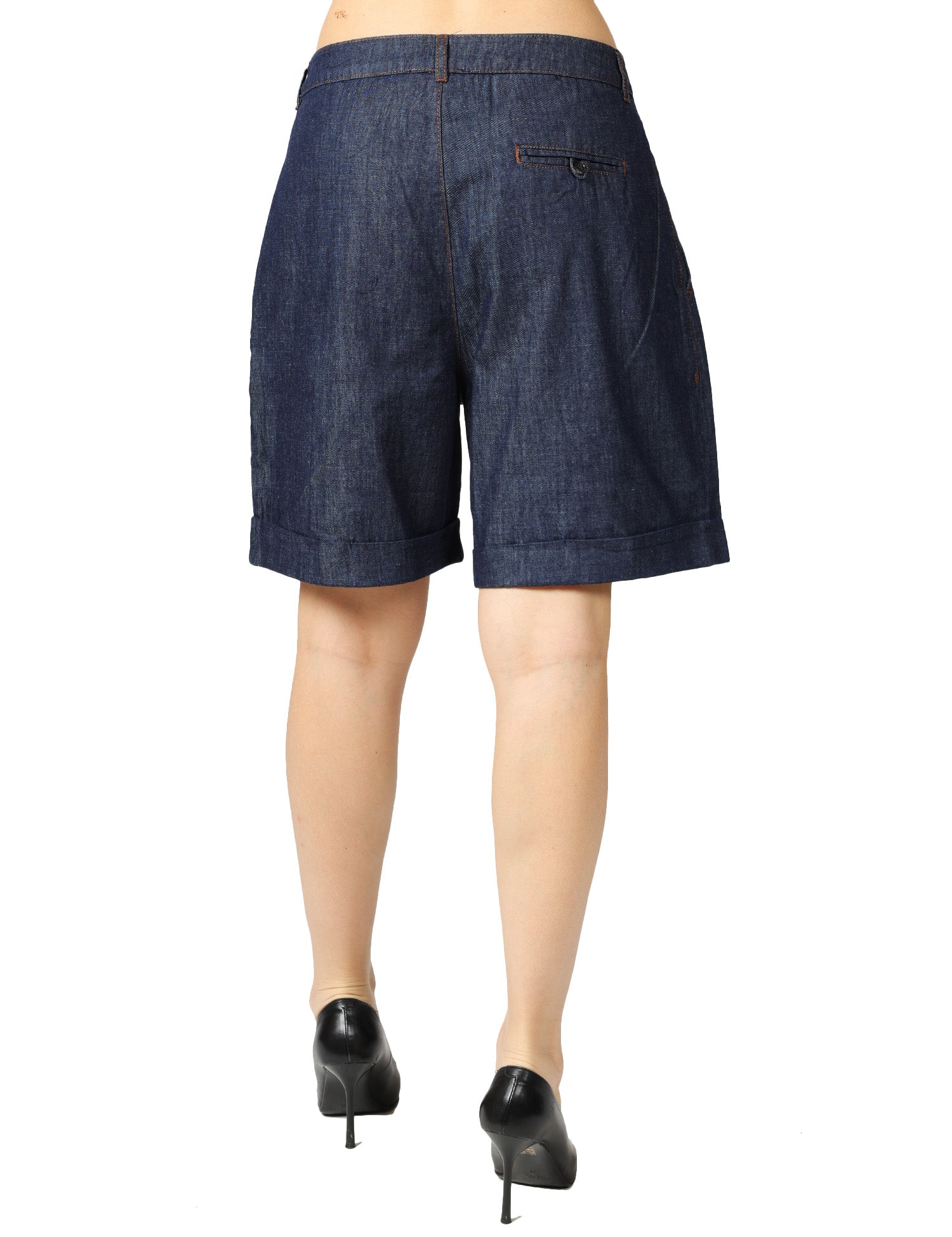 SHORTS DONNA ALPHA STUDIO BLU IN COTONE CHAMBRAY CON PINCES E IMPUNTURE A CONTRASTO