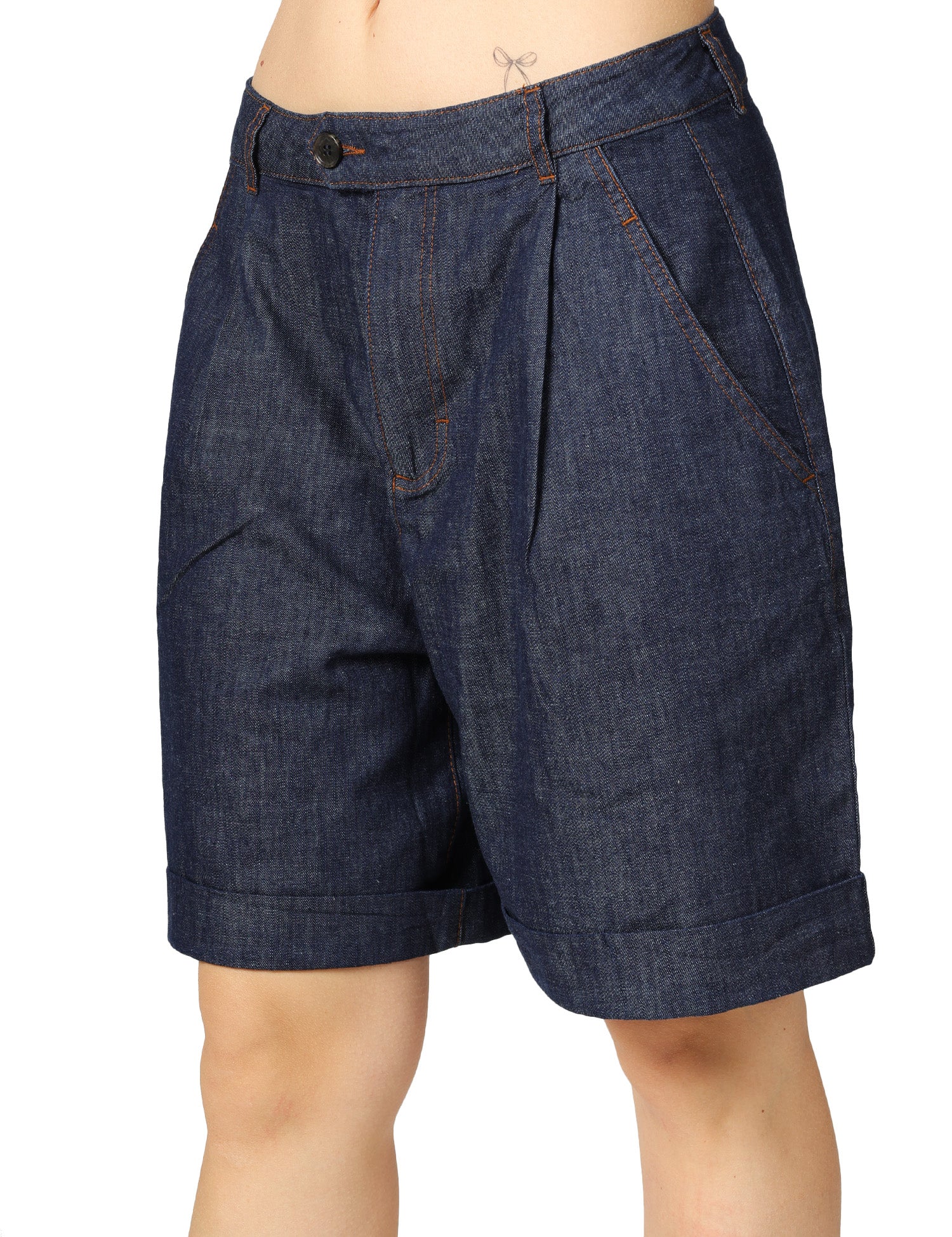 SHORTS DONNA ALPHA STUDIO BLU IN COTONE CHAMBRAY CON PINCES E IMPUNTURE A CONTRASTO