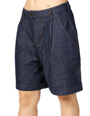 SHORTS DONNA ALPHA STUDIO BLU IN COTONE CHAMBRAY CON PINCES E IMPUNTURE A CONTRASTO
