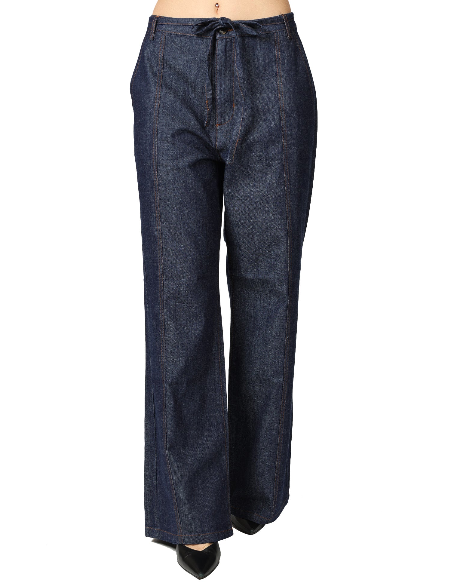 PANTALONE DONNA ALPHA STUDIO BLU FLARE FIT IN COTONE CHAMBRAY CON CINTURINO IN TONO