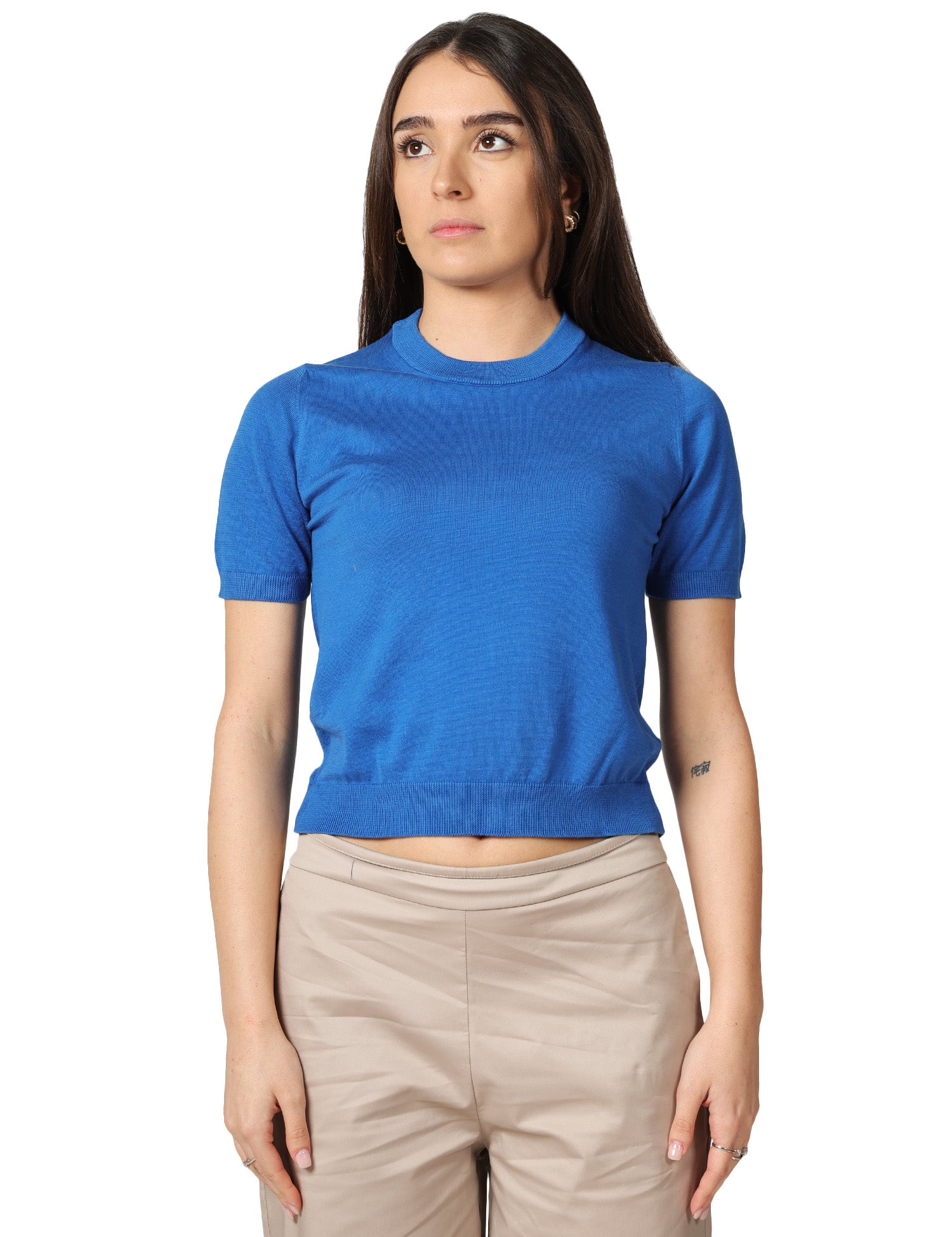 MAGLIA DONNA ALPHA STUDIO BLU MARINO GIROCOLLO A MEZZE MANICHE 100%COTONE